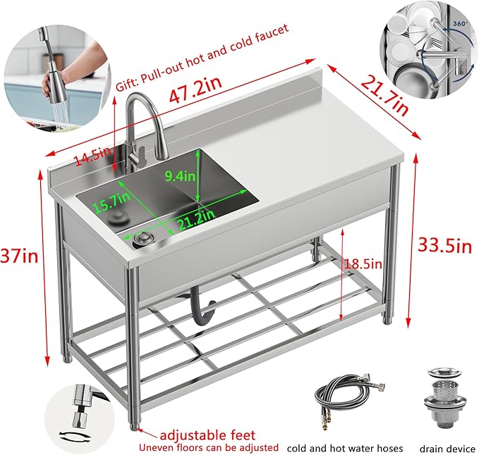 Commercial Sink with Drainboard, Stainless Steel Utility Sink with Pull-out Faucet, Free Standing Single Bowl Kitchen Sink with Workbench for Restaurant, Garage, Outoor, 21.7"D x 47.2"W x 37"H