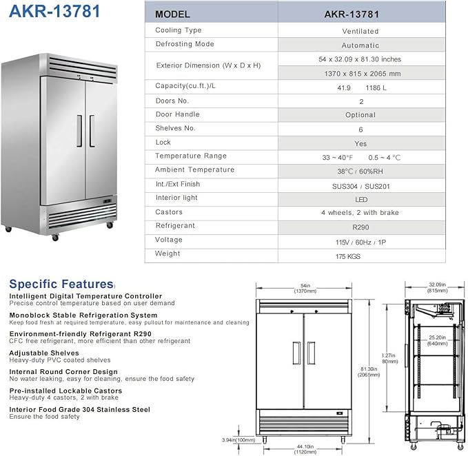 Commercial Refrigerator 2-Doors Solid Upright Reach in Two Section Inside Stainless Steel 54" Width, Capacity 43 Cuft, Bottom Mounted Restaurant Quality Kitchen Cooler Fridge, NSF Certified