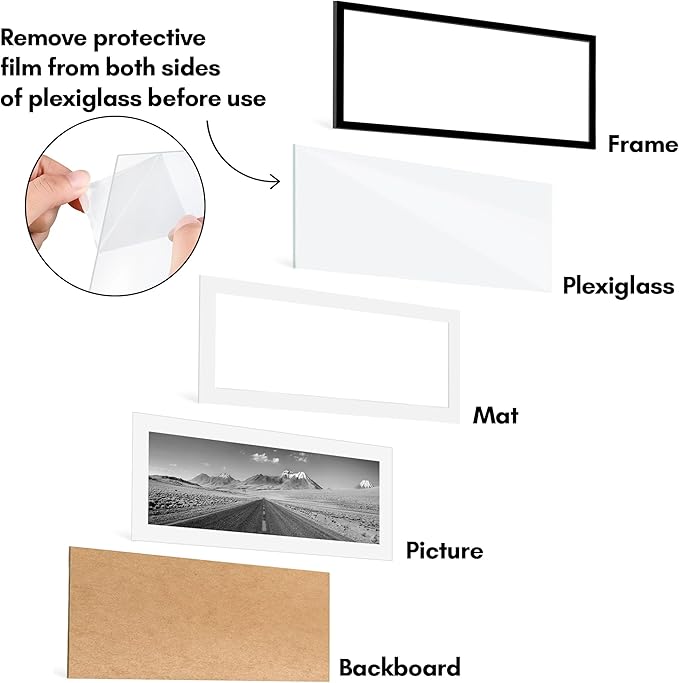 Americanflat 11x27 Picture Frame with Polished Plexiglass - Set of 5 - Use as 8x24 Frame with Mat or Display 11x27 Photo Without Mat - Galleria Collection - Picture Frames for Wall Display - Black