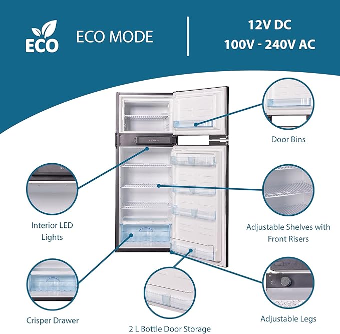 Conserv 12V DC 10 cu.ft. Built-in Top Freezer Energy Efficient Refrigerator – for RVs, Camper Vans, Tiny Homes & Off-Grid Living with LED Light, Lock, Adjustable Shelves, Reversible Door