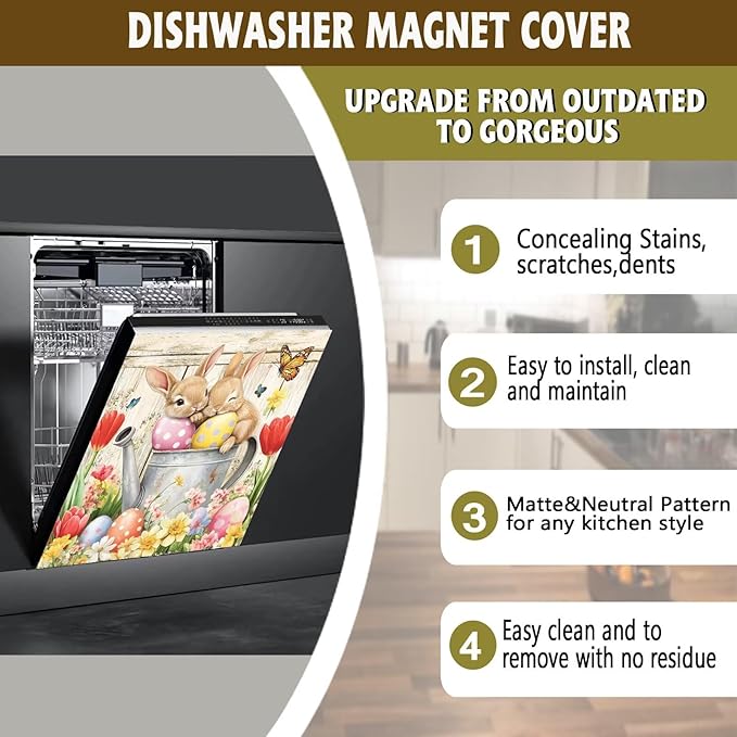 Easter Bunnies Dishwasher Magnet Cover,Pastoral Flowers Butterfly Magnetic Dishwasher Cover Vinyl Sticker,Eggs Fridge Door Cover Magnets Art Skin Panel Decal,Home Decor Decal,23"X26"