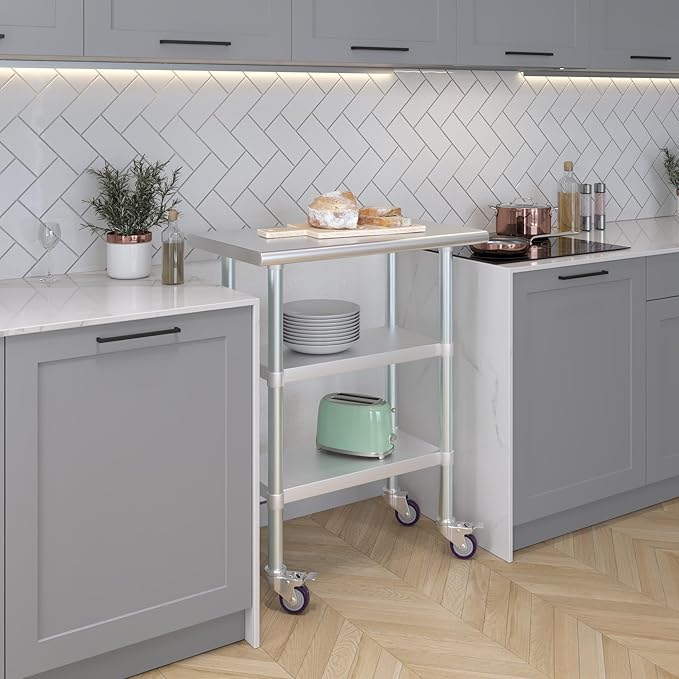 AmGood Stainless Steel Work Table with 2 Shelves and Casters | Metal Utility Table On Wheels (Stainless Steel Work Table with 2 Shelves + Casters, 30" Long x 18" Deep)