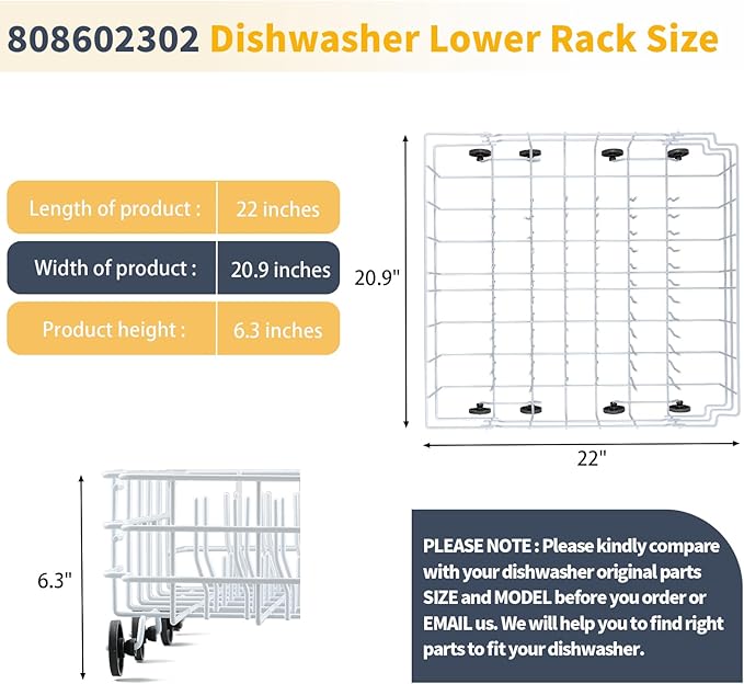 Allstare 808602302 Dishwasher Lower Rack Replacement Parts for Frigidaire Kenmore Dishwasher Parts Lower Dishrack Assembly with 154174501 Wheels (Black) 154432602 FDB1050REB0 Dishwasher Bottom Rack