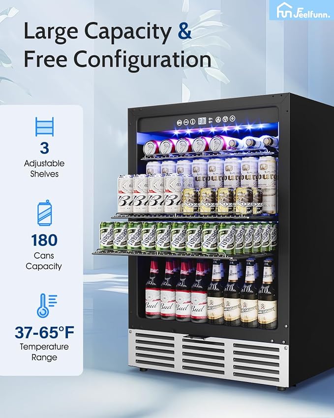 24 inch Beverage Refrigerator - 180 Cans Beverage Fridge Under Counter with Stainless Steel Door, Built-in or Freestanding Beer Fridge, Outdoor Refrigerator for Patio Kitchen Home Bar