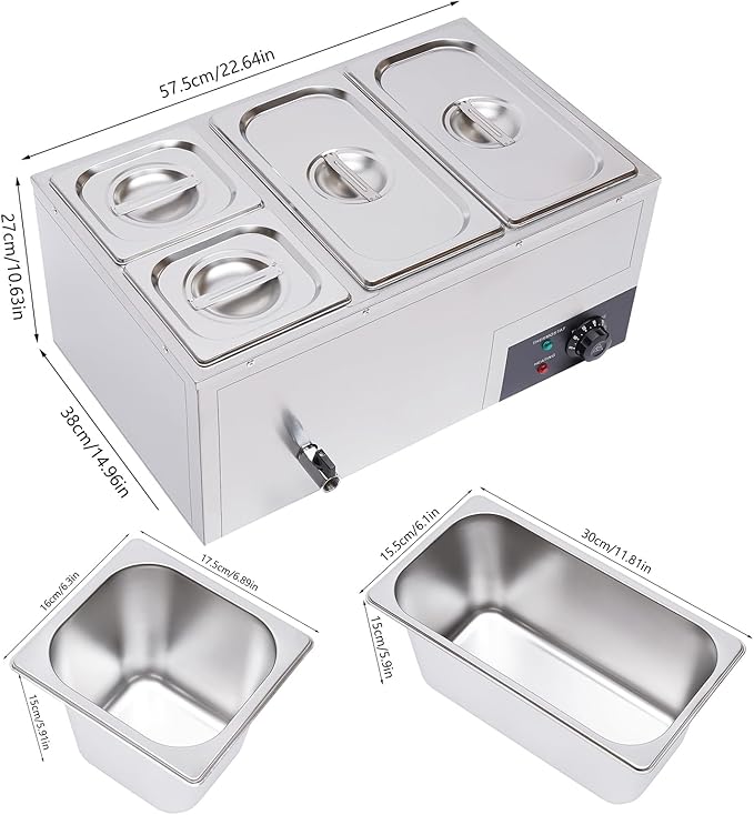 DYNAMI 110V 850W Commercial Buffet Food Warmer,Large Capacity 4 Pan(7.4QT*2+3.2QT*2) Stainless Steel Electric Countertop Steam Table with Intelligent Thermostat Design,for Parties Buffet Catering