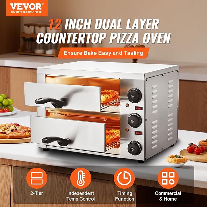 VEVOR Electric Pizza Oven for Countertops, 12-inch, 1700W, with Temp Control & 0-60 Min Timer, Even Baking Technology & Easy Clean Crumb Tray, Ideal for Both Commercial & Home Kitchens