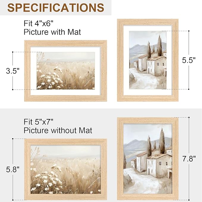 Vittanly 5x7 Picture Frame Set of 2, Solid Wood Frame for Wall or Tabletop, Display Photo 4x6 with Mat or 5x7 without Mat, Natural