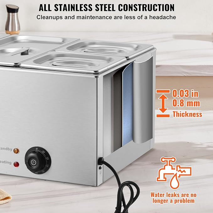 VEVOR 4-Pan Commercial Food Warmer, 24QT Electric Steam Table, 1200W Professional Countertop Stainless Steel Buffet Bain Marie with 86-185°F Temp Control for Catering and Restaurants, Silver
