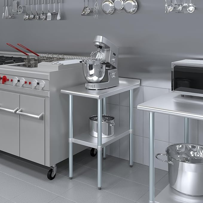 AmGood Stainless Steel Work Table with 1.5" Backsplash | Metal Kitchen Food Prep Table | NSF (18" Long x 30" Deep)