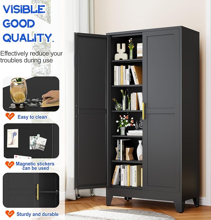 75.2" Tall Metal Storage Cabinet with 2 Doors and 5 Adjustable Shelves, New upgrade Kitchen Pantry Cabinet, Black Freestanding Cupboard, 6 Tier Steel Storage for Office, Kitchen, Dining, Garage