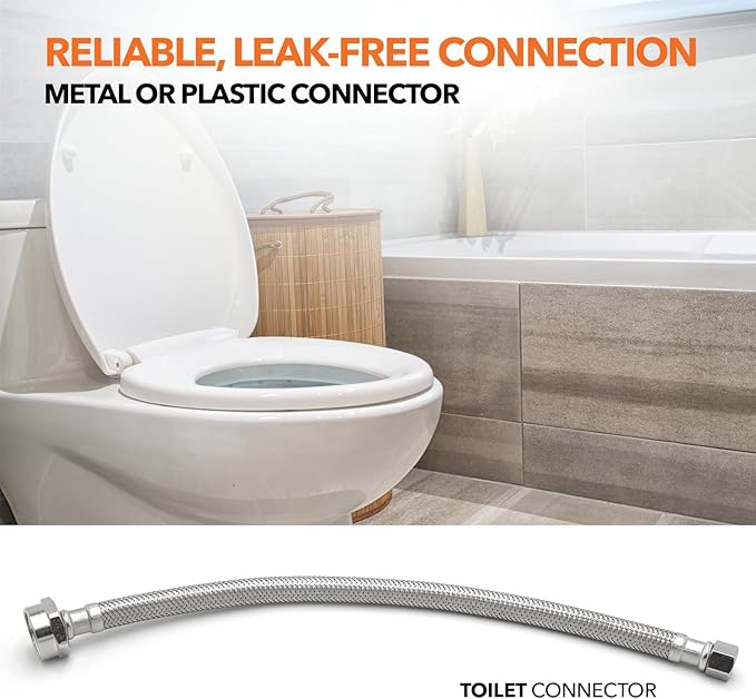 Stainless Steel Braided Water Connectors with Reinforced PVC Inner Hose for Toilets, 3/8" Compression x 7/8" Metal Ballcock, 12" Length (5Pack)