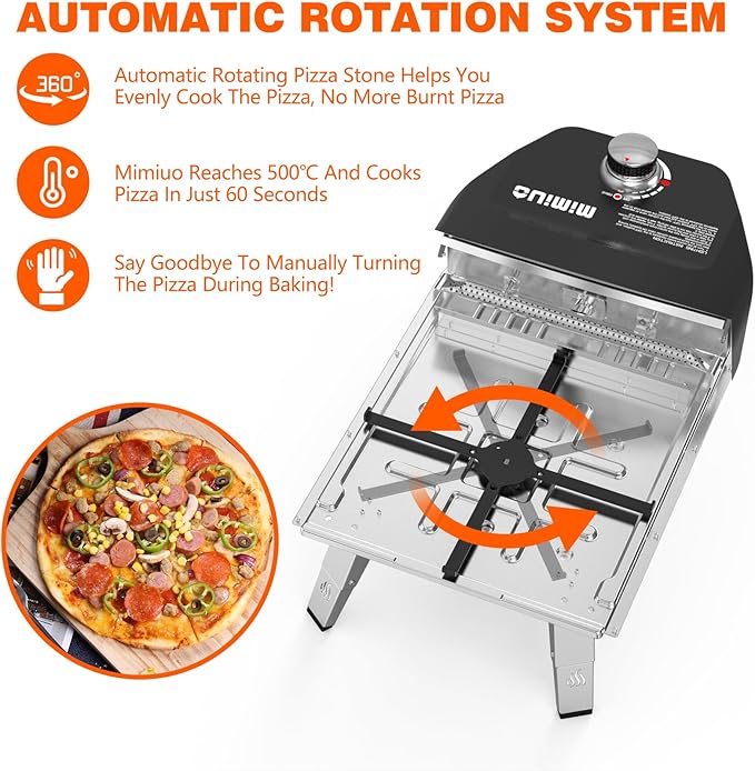 Mimiuo Outdoor Gas Pizza Oven with Automatic Rotating Pizza Stone - 14 Inch Portable Propane Pizza Ovens for Outside - Professional Pizza Grilling Stove for Outdoor Kitchen - Global Patent