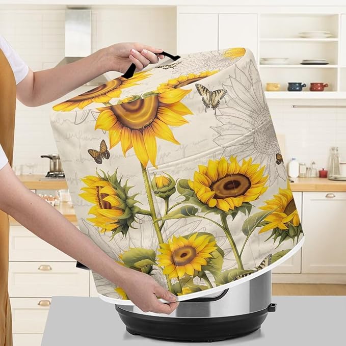 Air Fryer Cover, 8 Quart Appliance Covers for Kitchen Counter Pressure Cooker Air Fryer Rice Cooker Dust Cover with Storage Pockets, Sunflower Beige