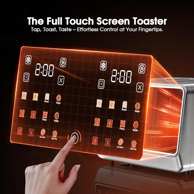 4 Slice Toaster Wide Slot– Dual Digital TouchScreen & Independent Control Panel | Single-Slice Modes/Reheat/Defrost | 1800W Stainless Steel Toaster for Bagels & Artisan Bread