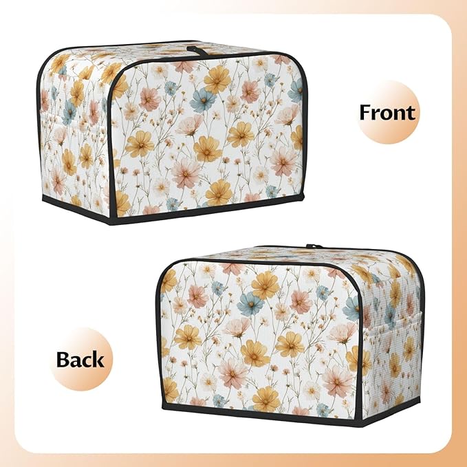2 Slice Toaster Cover for Kitchen Botanica Flower Vintage Waterproof and Dustproof Toaster Dust Cover with Side Pockets Decorative Universal Cover for Wide Slot Toasters and Small Appliances