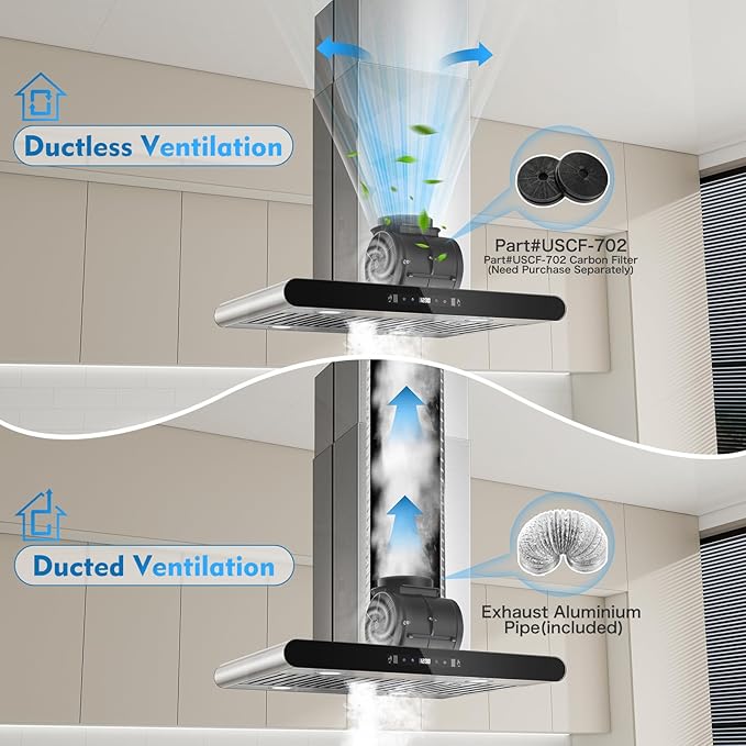 Tiesay Island Range Hood 30 inch, 700 CFM Dual-Sided Ceiling Mount Vent Hood, Convertible Ducted/Ductless, Touch,Gesture & Remote Control, 3-Speed Fan, 4 LED Lights, Stainless Steel