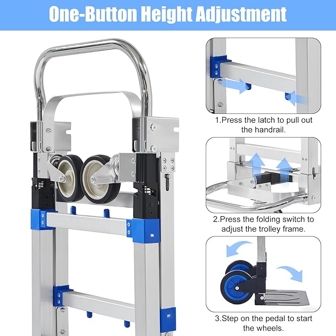 3 in 1 Folding Hand Truck Dolly Cart, Heavy-Duty Foldable and Convertible Design, Lightweight Portable Utility Cart with Rubber Wheels and Telescoping Handle for Moving, 500 lbs Capacity (Blue)
