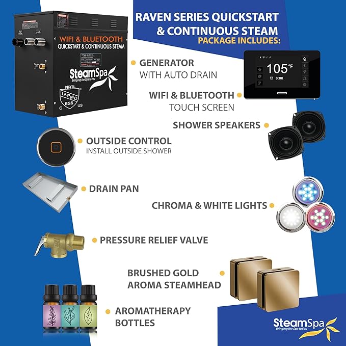 SteamSpa Steam System 10.5kW Steam Shower Generator with Bluetooth Wifi, Quickstart Continous Steam, Advanced Touch Pad Screen, Chroma Lights, Drain Pan and Auto Drain Gold RVBS1050GD-A