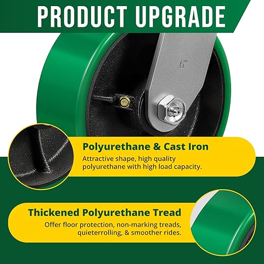6 Inch Caster, Heavy Duty Caster with Strong Load-Bearing, Polyurethane Caster on Steel Hub, Supports 1200 lbs Each(2 Pack Brake)