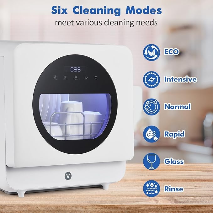 Countertop Portable Dishwasher, Compact Mini Dishwasher with Faucet & Self-Priming Water Inlet, 6 Wash Programs, High-Temp Cleaning, No Hookup Needed, for RV, Apartment, Dorm