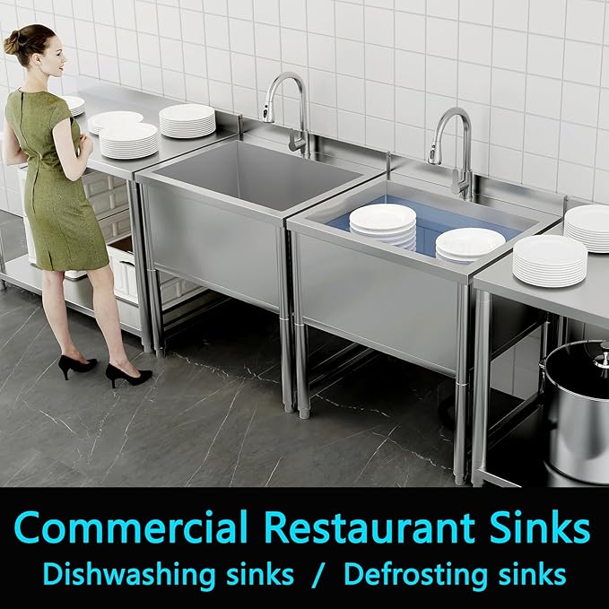 Stainless Steel Commercial Restaurant Sink, Freestanding Large Commercial Sink with Pull-out Faucet for Kitchen Dishwashing, Thawing, Pet Cleaning, Laundry Room, 23.6"D x 27.5"W x 36.8"H