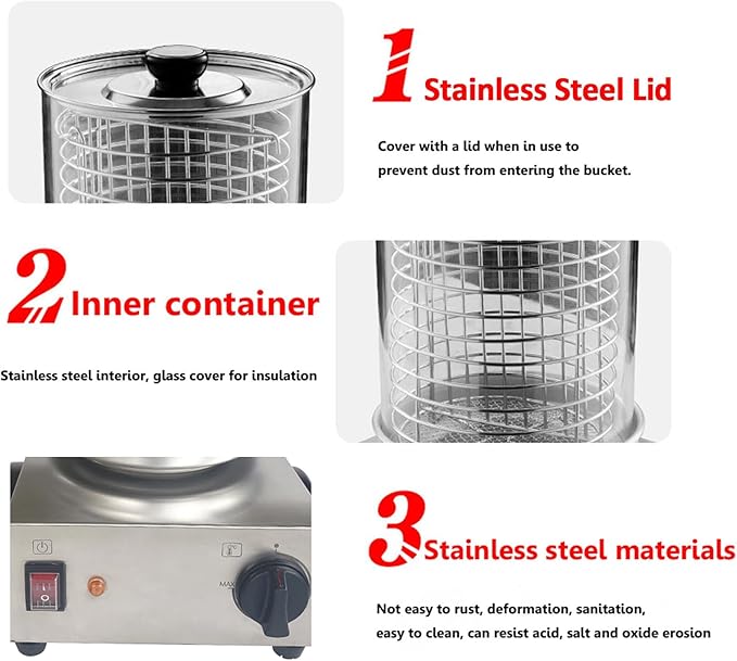 Hot Dog Warmer Steamer Machine Commercial Electric Sausage Warmer Countertop Stainless Steel Sausage Grill Heater Adjustable Temperature 32℉-185℉ 110V 300W