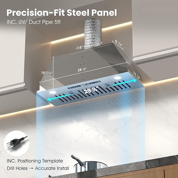 30 inch Range Hood Insert, 900 CFM Kitchen Vent Hood with Full Copper Motor, Triple Smart Controls, Tunable LED Lighting, Included Charcoal Filters & Duct Pipe