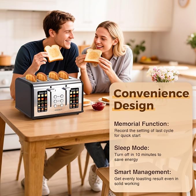 4 Slice Touch Screen Toaster, Easy-to-Use Digital Stainless Steel Toaster with Wide Slots, Reheat Defrost Cancel, Removable Crumb Tray, Matte Black