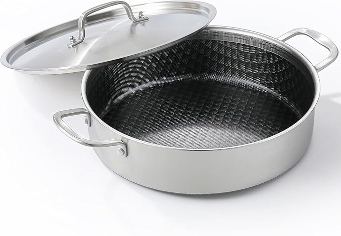 DELARLO Tri-Ply Stainless Steel Braiser Pan with Lid 5 Quart Nonstick Induction Rondeau Cooking Pot 12inch Deep Frying Pan Large Saute Pan Heavy Duty,Dishwasher and Oven Safe to 550℉