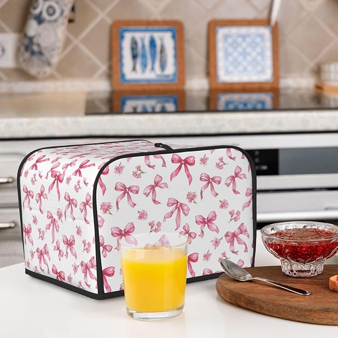 4 Slice Toaster Cover for Kitchen Pink Flower Bow Pattern Waterproof and Dustproof Toaster Dust Cover with Side Pockets Decorative Universal Cover for Wide Slot Toasters and Small Appliances