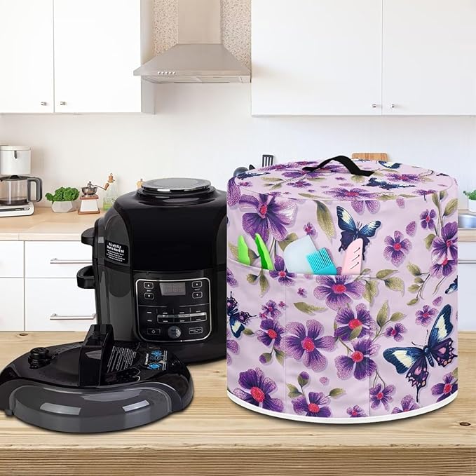 Purple Butterfly Flower Dust Cover for Kitchen Instant Pot Accessories Appliance Cover Quart Pressure Cooker Air Fryer Rice Cooker Kitchen Appliance Dust Covers with Storage Pockets Size L