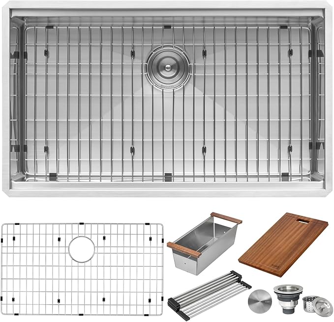 Ruvati 32-inch Round Corner Undermount 16 Gauge Stainless Steel Workstation Kitchen Sink Single Bowl – Soundproof Multifunction Chef Sink with Cutting Board & Accessories – RVH8301