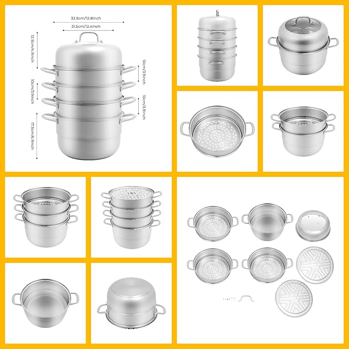 Steamer 32.5cm/12.8in, 5-tier Stainless Steel Steam Cooker w/Visual Lid & Handles, Home Round Stackable Multipurpose Steam Pot for All Stoves (1xBottom Pot, 3xSteaming Baskets, 2xSteaming Slices)