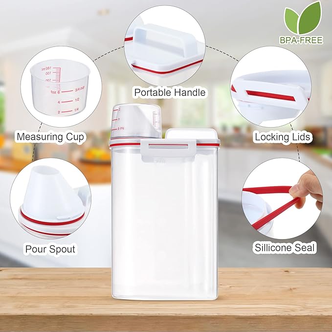 Rice Storage Bin 4 Pcs Cereal Containers Dispenser with Measuring Cup Plastic Storage Containers with Lids Kitchen Storage Bin Rice Holder Container Food Container Sets for Flour Cereal, 2.5 L (Red)