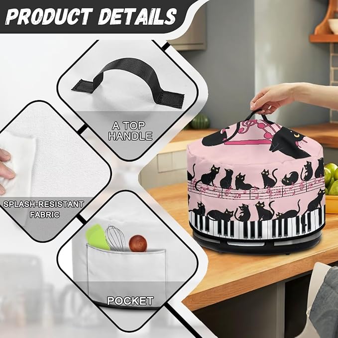 Black Cat Piano Music Note Print Slow Cooker Dust Cover Compatible with 6/7/8 Quart Slow Cooker Dust-Resistant Electric Pressure Cooker Cover Washable Easy to Clean, 16 x 14 x 9.6 inch