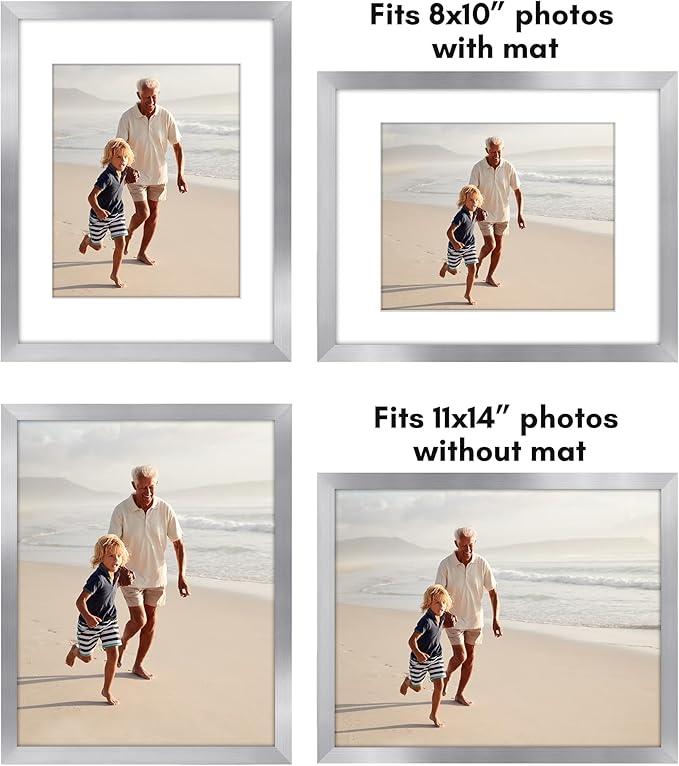 Americanflat 11x14 Picture Frame with Polished Plexiglass - Set of 5 - Use as 8x10 Frame with Mat or Display 11x14 Photo Without Mat - Galleria Collection - Picture Frames for Wall Display - Silver
