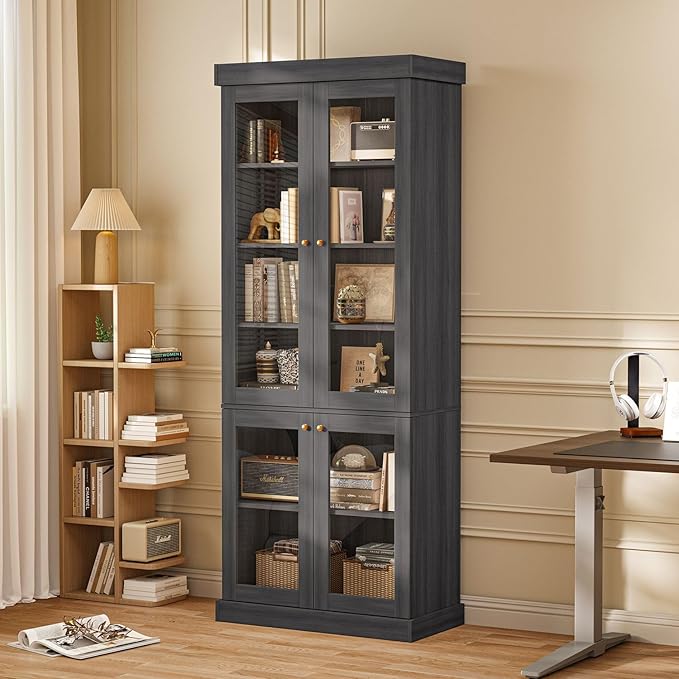 70.8" Tall Farmhouse Bookshelf, Modular Bookcase with Glass Doors, 6-Tier Adjustable Shelves, Large Storage Cabinet for Kitchen, Living Room, Black, Set of 4