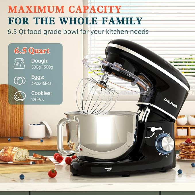 CHeflee Stand Mixer,660W 6+P With 6.5QT Stainless Steel Bowl,Dough Hook, Wire Whip & Beater,for Most Home Cooks (Black)