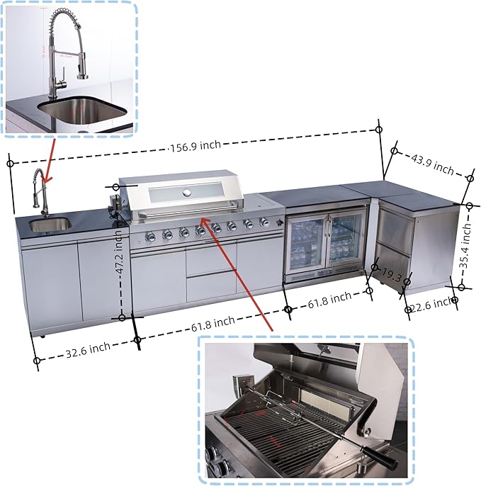 157-Inch 6-Burner 96000 BTU Propane Gas Outdoor Kitchen Island - Stainless Steel Grill with Wine Cooler, Rotisserie, Granite Countertops, Storage Cabinets & Drawers, Silver
