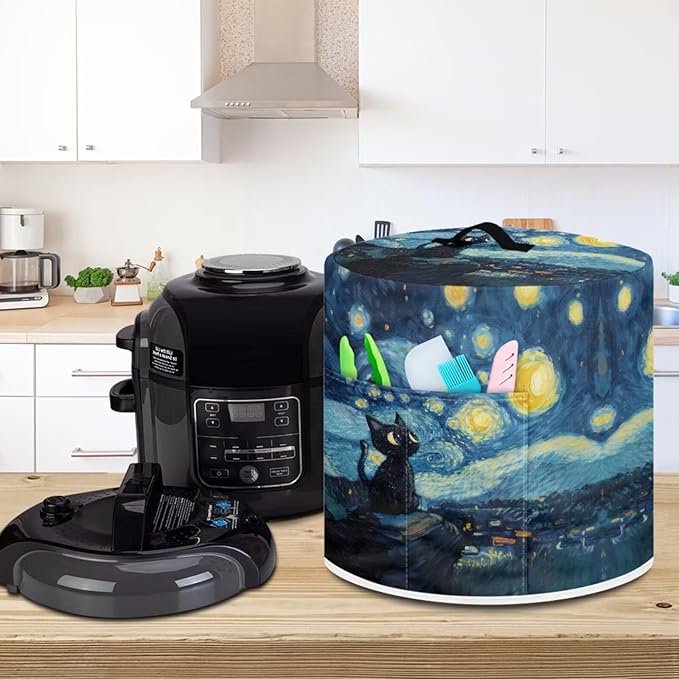 Xoenoiee Cat and Starry Night Pattern Kitchen Appliance Dust Covers with Pockets, Electric Pressure Cooker Cover Compatible with Crock Pot, Rice Cooker Cover, for 6 Qt
