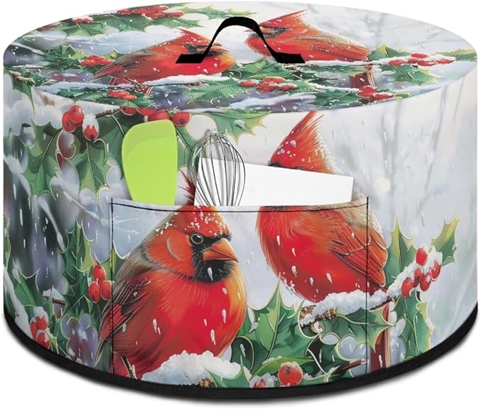 Cardinal Holly Snow Print Slow Cooker Cover with Storage Pocket Stain Resistant Winter Slow Cooker Cover for Kitchen Extra Accessories Fit 6/7/8 Quart Electric Oval Crock Pot Christmas Decor