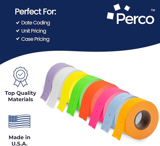 Perco 1 Line Multicolored Sleeves—80 Rolls, 10 Sleeves, 80,000 Labels for Perco Lite, X, Plus & Pro Guns—Includes White, Yellow, Blue, Lavender & Fluorescent Colors (Red Green Pink Orange)—Made in USA