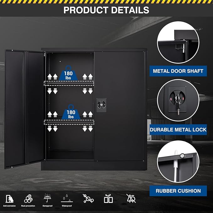 Metal Storage Cabinet-36” Tall Steel File Cabinets with Lockable Doors and Adjustable Shelves-Black Steel Storage Cabinet for Home Office, School, Garage