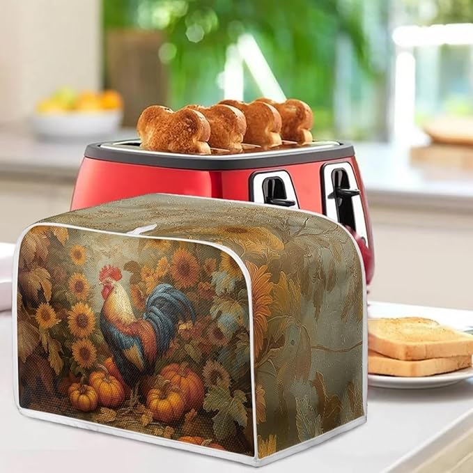 UNICEU Fall Toaster Cover 4 Slice Rooster Pumpkin Sunflower Print Stain Resistant Dust Proof Cover for Bread Maker Washable Kitchen Small Appliance Covers