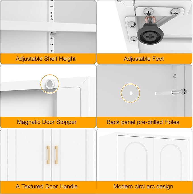 Metal Storage Cabinet with 3 Adjustable Shelves, 60" Tall Kitchen Storage Cabinet with Gold Handles, White Pantry Cabinets for Kitchen, Living Room, Hallway - Assembly Required