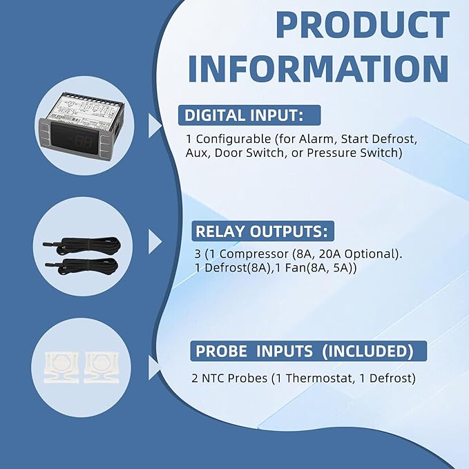 for Dixell XR03CX-4N1F1 Temperature Controllers, Programmable Digital Thermostat with Sensor Probe Fit for 120V 50-60hz Commercial Refrigerators/Freezer (Includes Mounting Hardware)