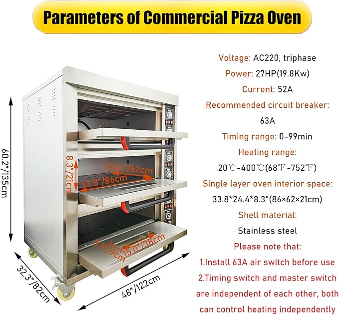 Commercial Pizza Oven Electric Heating Triple Pizza Oven Electric Pizzeria Baking Equippment with Three Layer and Six-Plates Capacity, AC220V Triphase