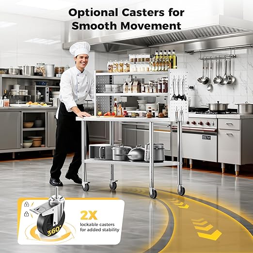60x24 in NSF All Stainless Steel Table with Adjustable Shelf & Pegboard Panels & Casters, Kitchen Prep Table Commercial Heavy-Duty Worktable with Large Space Storage for Restaurant Garages