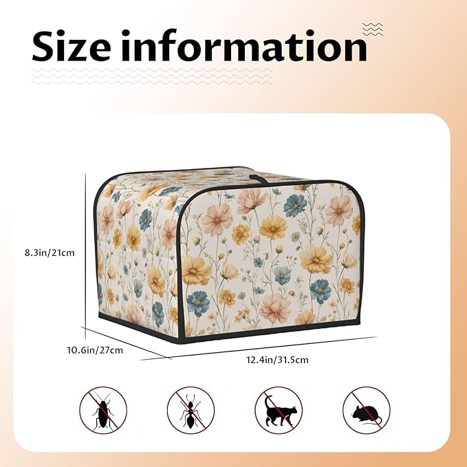 4 Slice Toaster Cover for Kitchen Vintage Flower Print Botanical Waterproof and Dustproof Toaster Dust Cover with Side Pockets Decorative Universal Cover for Wide Slot Toasters and Small Appliances