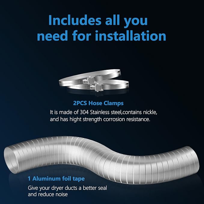 Hon&Guan 4-inch Semi Rigid Dryer Vent Hose, 8 Feet Flexible Aluminum Duct with 2 Clamps, and Aluminum Foil Tape